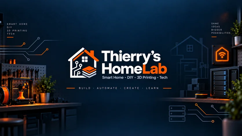 Thierry’s HomeLab – Smart Home · DIY · 3D Printing · Tech. Build · Automate · Create · Learn. Markenbanner mit Hauslogo, Werkstatt, 3D-Drucker und Servern.